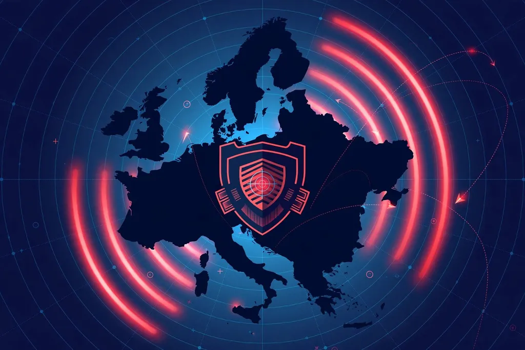 Stylised editorial illustration of radar arcs and a defensive shield over a map of eastern Europe