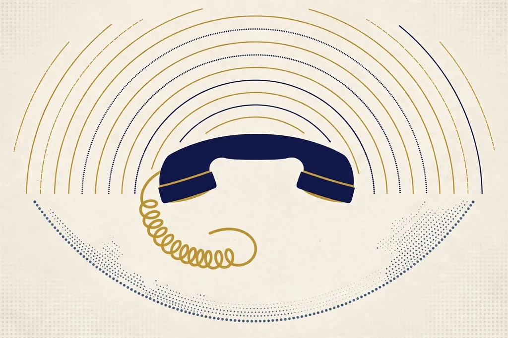 Editorial illustration of a navy-blue telephone handset with radiating gold and blue signal lines.