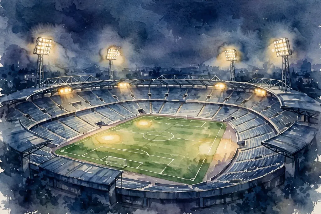 Watercolour illustration of an empty football stadium under floodlights at night, labeled as illustration