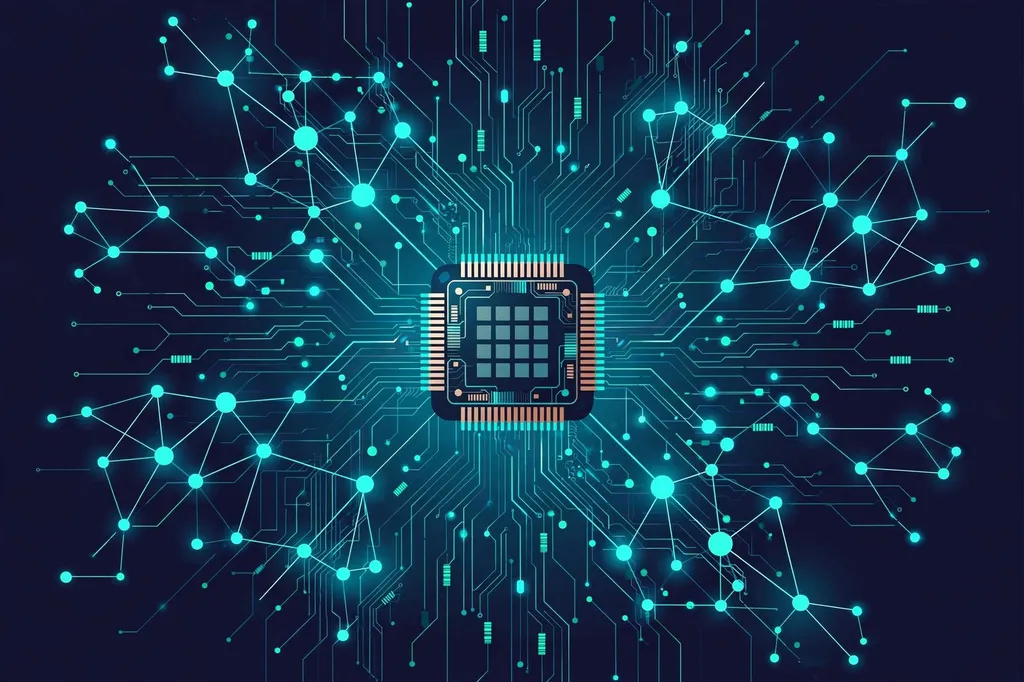 Editorial illustration of a computer processor chip surrounded by a glowing neural-network mesh