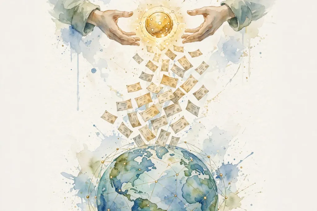 Abstract watercolour editorial illustration showing two hands offering a glowing token above a globe with share certificates rising — an illustration, not a photograph.