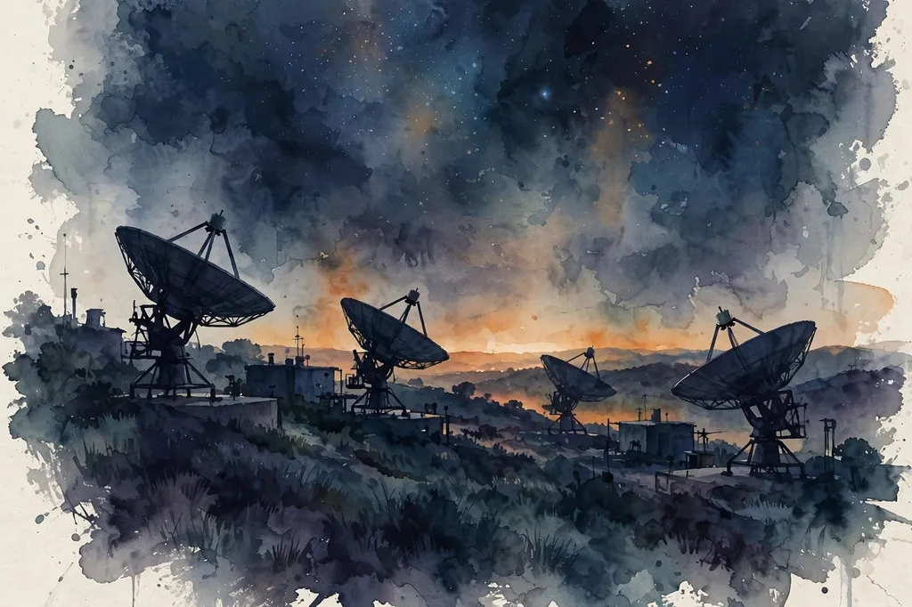 Illustration: watercolour of satellite ground-station dishes under a dark night sky with a faint orange glow on the horizon