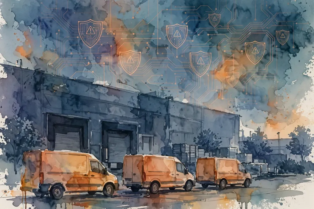 Watercolour editorial illustration of parked grocery delivery vans outside a darkened supermarket warehouse beneath a circuit-board and warning-shield motif