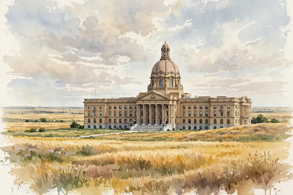 Watercolour editorial illustration of the Alberta Legislature Building dome under a wide prairie sky, no people. (Illustration: Flip News)