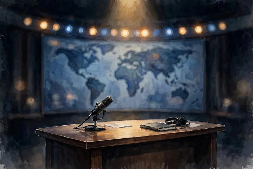 Editorial illustration of an empty television news anchor desk at night, with a microphone, headphones and a world-map backdrop.