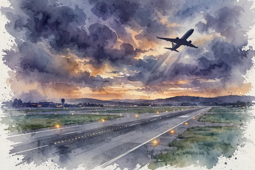 Watercolour illustration of an airport runway at dusk with a generic airliner silhouette taking off under a moody sky; no real people, text, logos or flags.