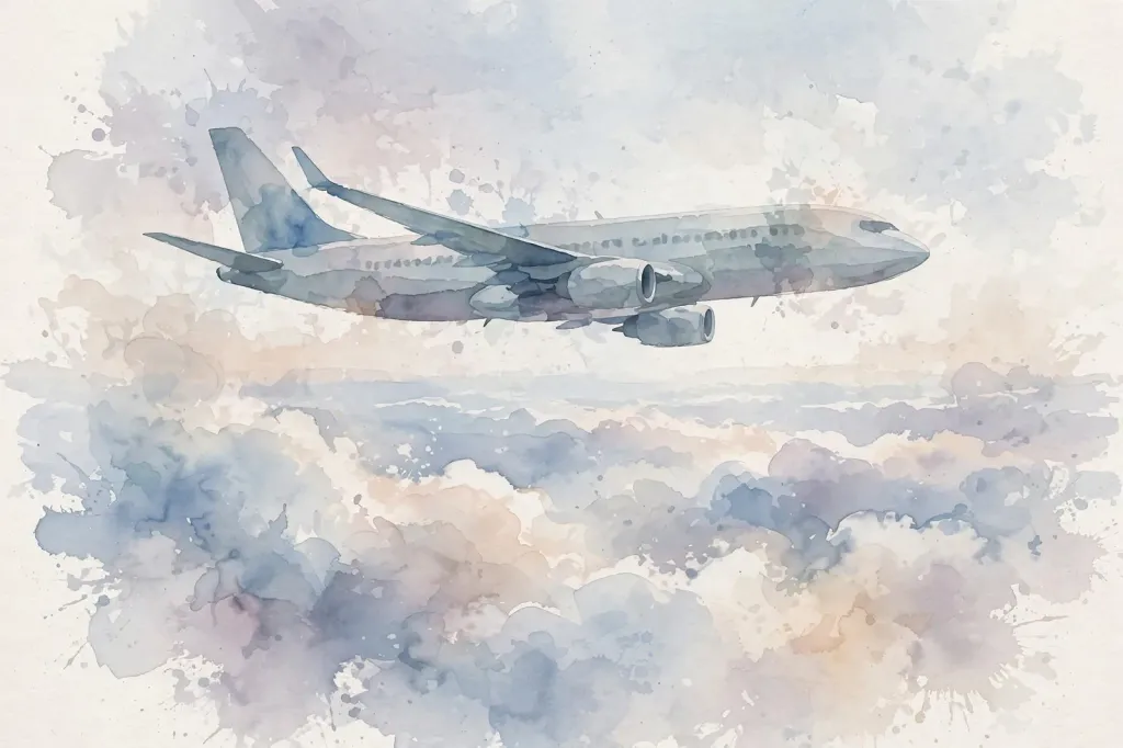 Illustration: abstract watercolour of a commercial aircraft in flight above soft clouds. (Illustration: Flip News)