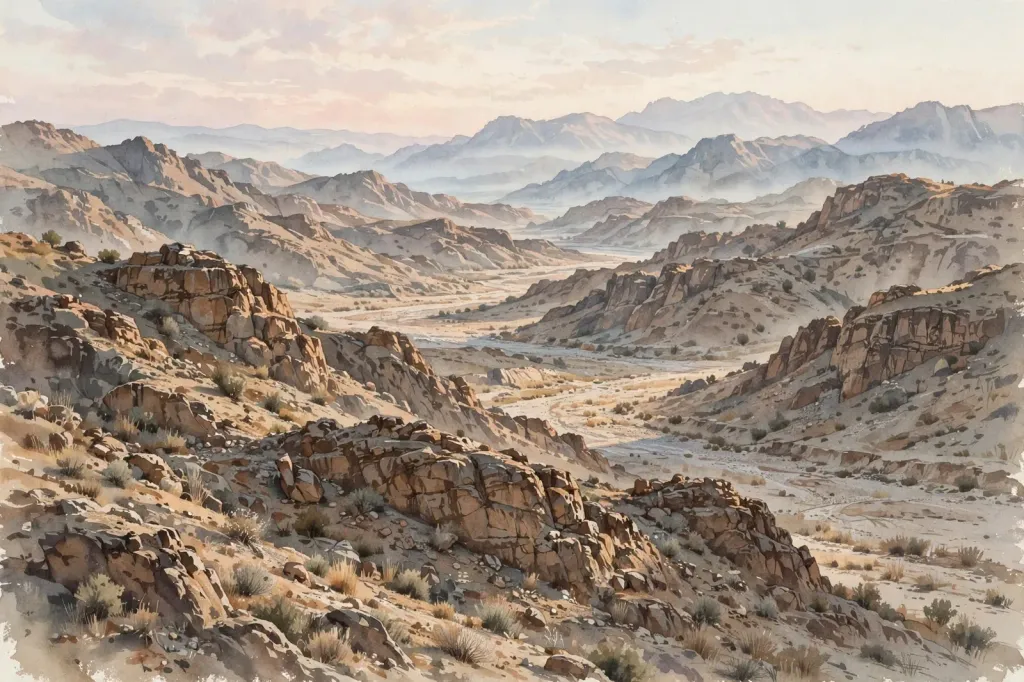 Watercolour editorial illustration of rugged Balochistan mountains at dawn, empty rocky terrain, no people. (Illustration: Flip News)