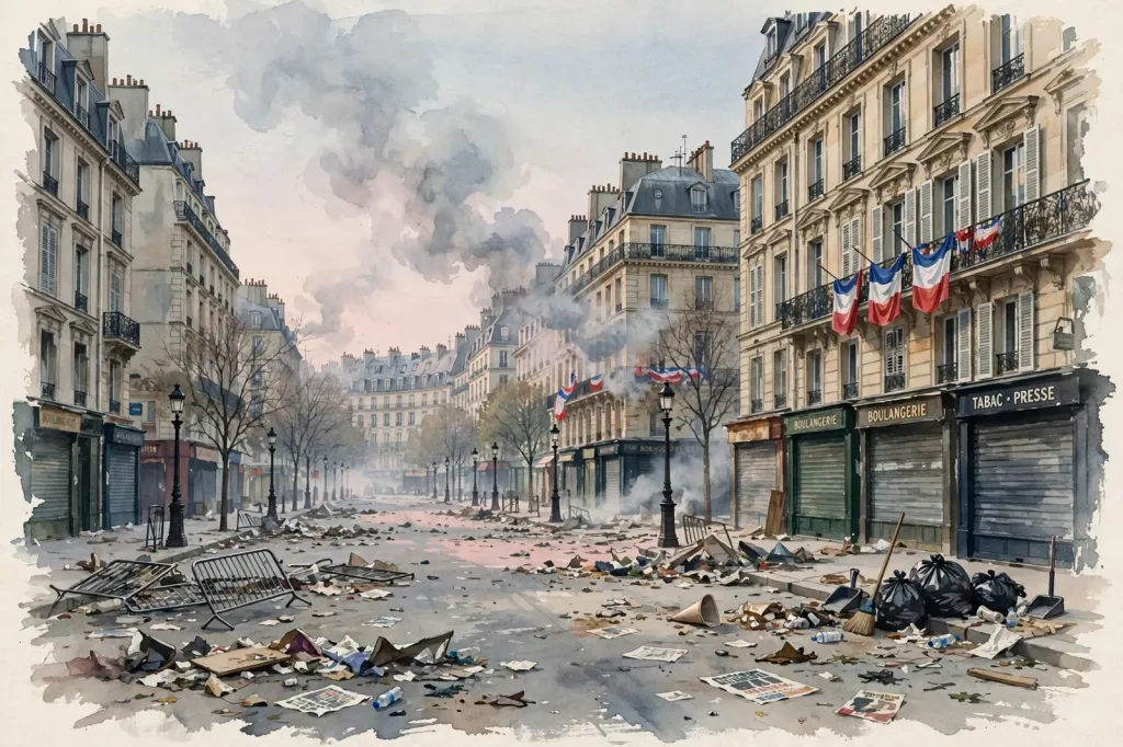 Watercolour editorial illustration of a Paris boulevard at dawn after a night of protest: smoke haze, debris being cleared from the street, shuttered shops and French tricolour flags. (Illustration: Flip News)