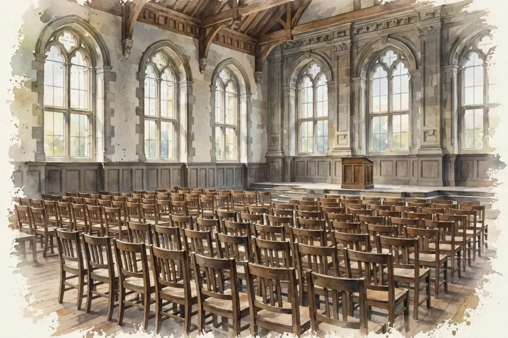 Watercolour illustration of an empty historic assembly hall interior, no people