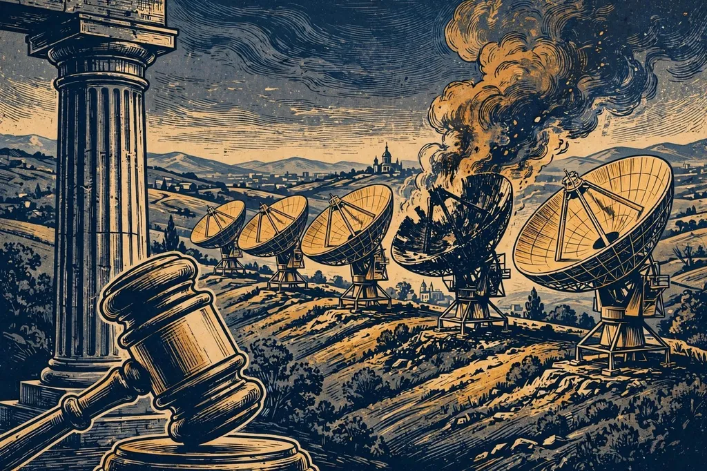 Editorial illustration of satellite ground antennas on a hillside with a burning dish, courthouse column and gavel