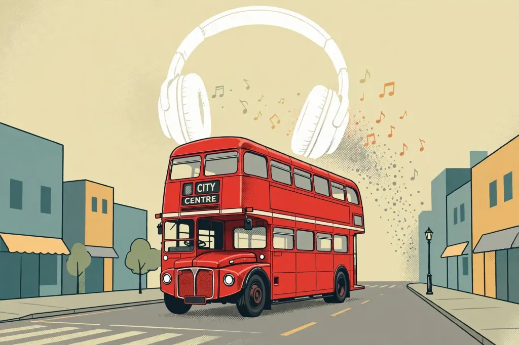 Stylised illustration of a red double-decker London bus with a giant pair of white headphones floating above it