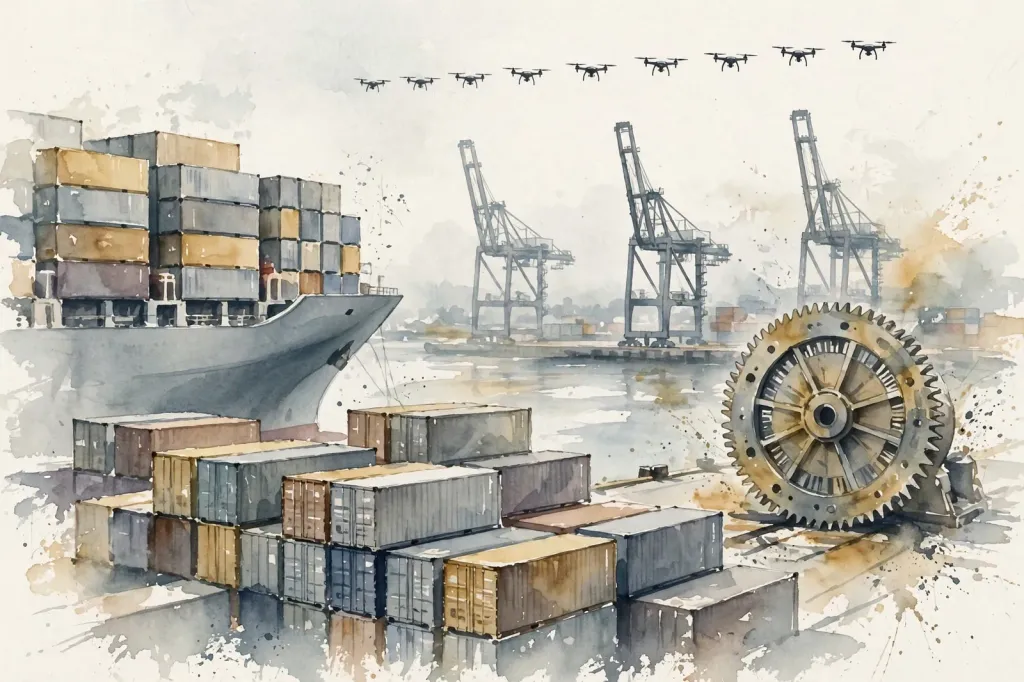 Watercolour editorial illustration of a container port with cranes, a tunnel-boring cutterhead disc and drone silhouettes overhead, representing China's new export controls.
