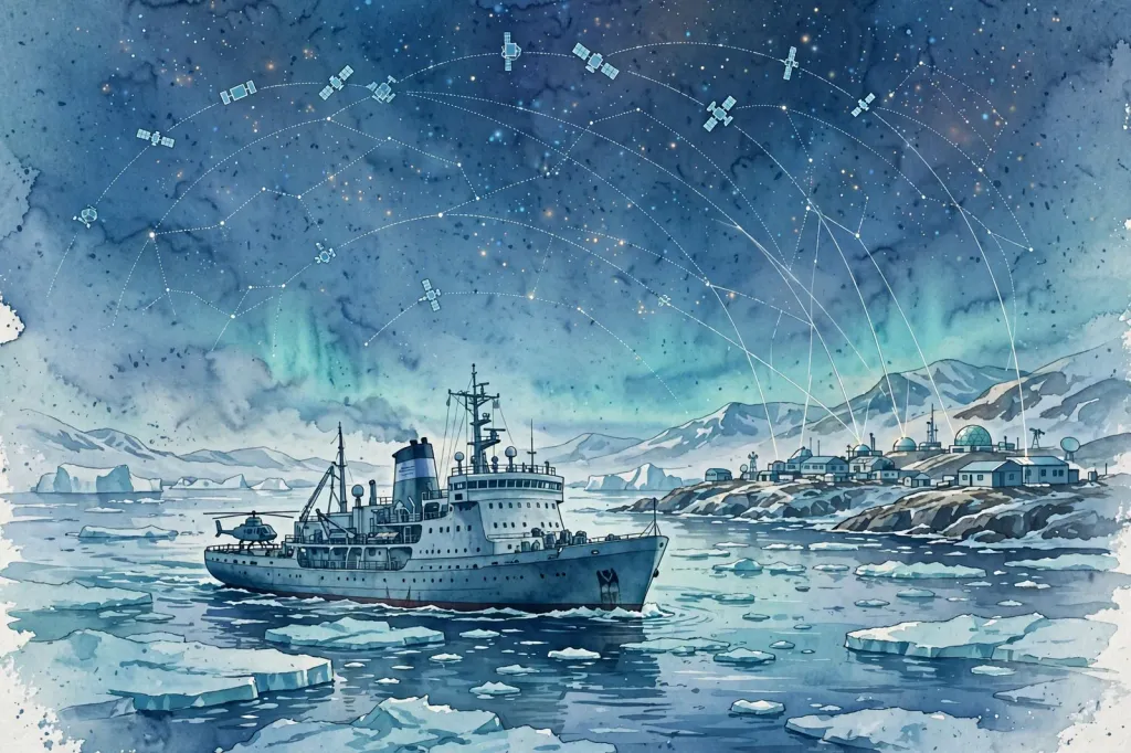 Watercolour editorial illustration of a polar icebreaker in Arctic waters under a night sky of satellite links, with a research station on the shore (illustration, not a photograph)