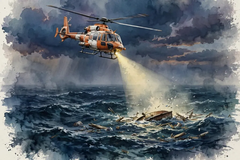 Watercolour illustration of a coast guard rescue helicopter flying low over a dark ocean at dusk, searchlight sweeping the waves above floating debris and an overturned boat hull; no real people, text, flags or logos.