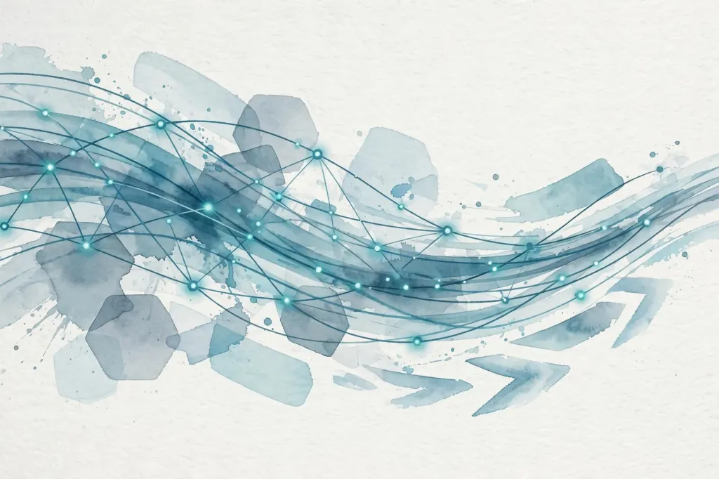 Watercolour editorial illustration of flowing neural-network data lines in cool teal tones, symbolising a faster AI model