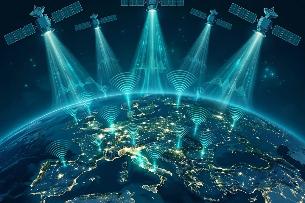 Editorial illustration of satellites beaming connectivity over Europe with mobile signal waves