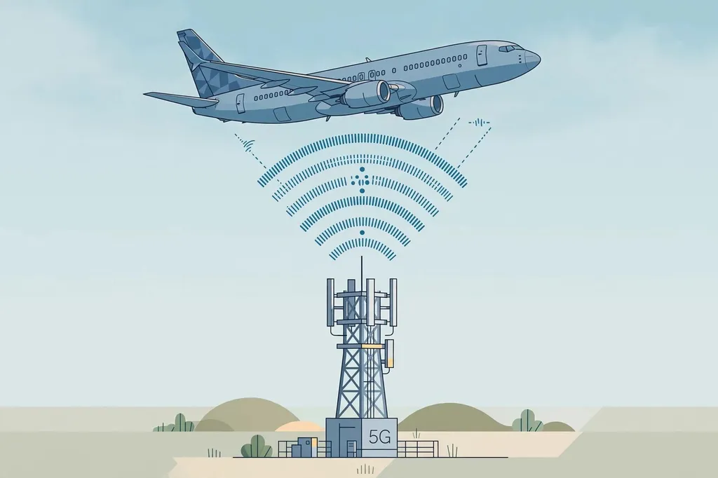 Editorial illustration of a passenger aircraft and a 5G tower with radio signal waves