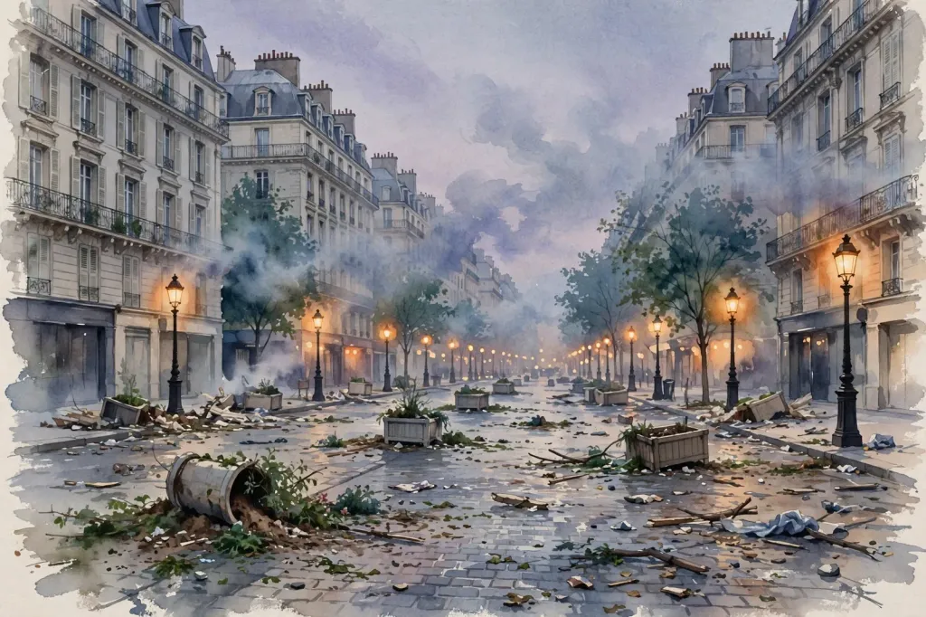 Watercolour editorial illustration of an empty Parisian boulevard at dusk in the aftermath of protests — drifting smoke, overturned planters and scattered debris, no people. (Illustration: Flip News)