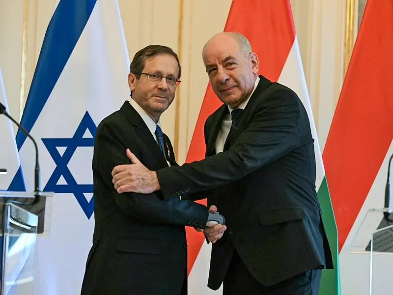 Israeli President Isaac Herzog with Hungarian President Tamás Sulyok during their meeting in Jerusalem, February 2025