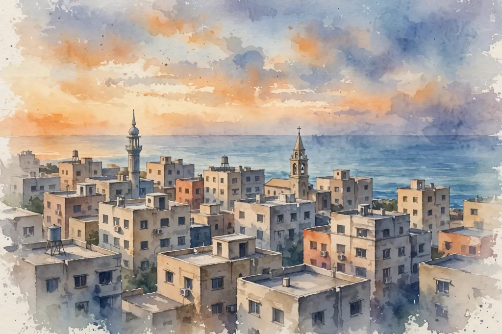 Watercolour illustration of a generic Gaza City-like coastal skyline at dusk, with flat-roofed buildings and a calm sea beyond; no people, no text, no flags.