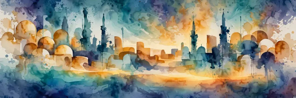 Illustration: watercolour of a desert city skyline with domes and minarets at dusk
