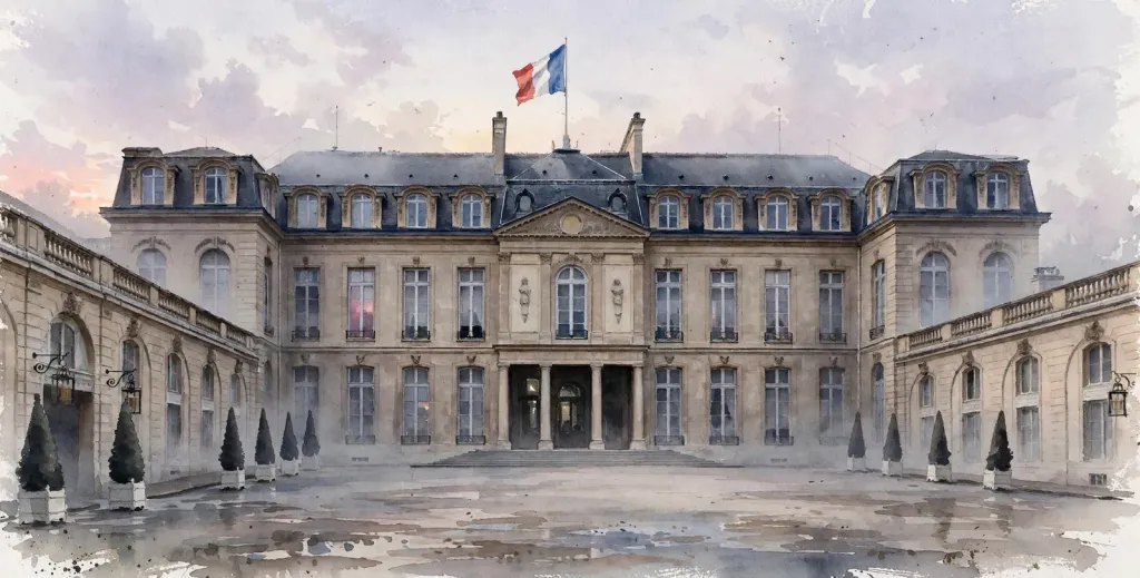Watercolour editorial illustration of the Elysee Palace facade at dawn with the French tricolour flying, empty courtyard, no people. (Illustration: Flip News)