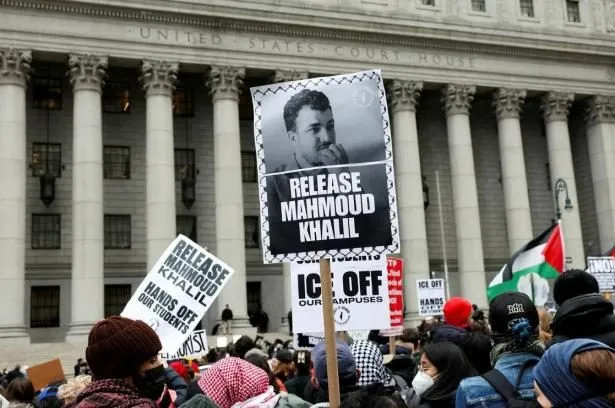 Protesters at the US Courthouse in New York hold 'Release Mahmoud Khalil' signs during a demonstration