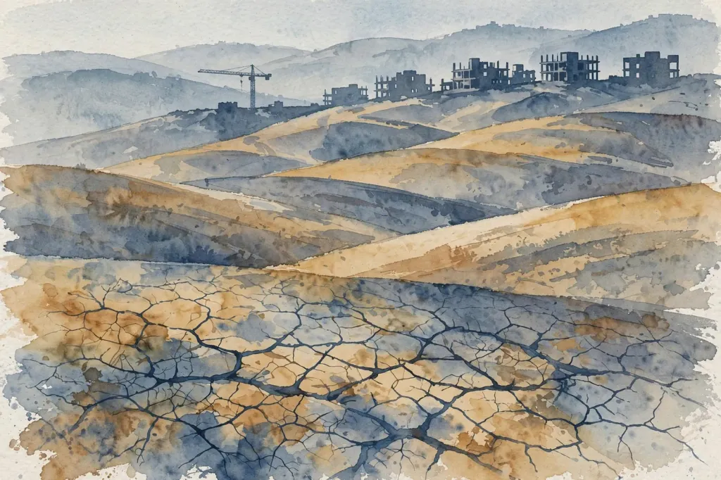 Watercolour illustration of West Bank hills with a construction crane and half-built housing blocks on a distant ridge.