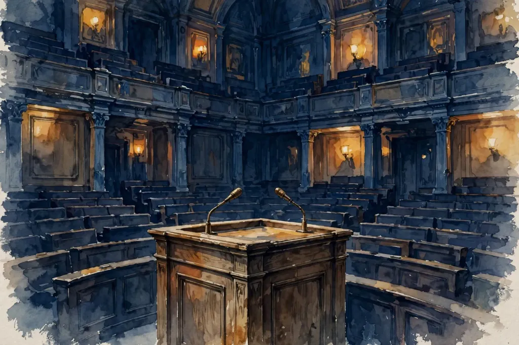 Watercolour editorial illustration of a single empty wooden podium with microphones in a dim parliamentary chamber