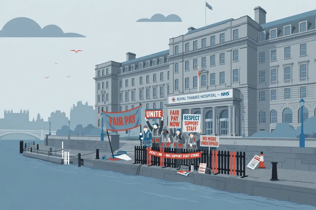 Flat editorial illustration of striking hospital support staff holding "Fair Pay", "Unite" and "Fair Pay Now" placards on a picket line outside a riverside London hospital; stylised, no real people.