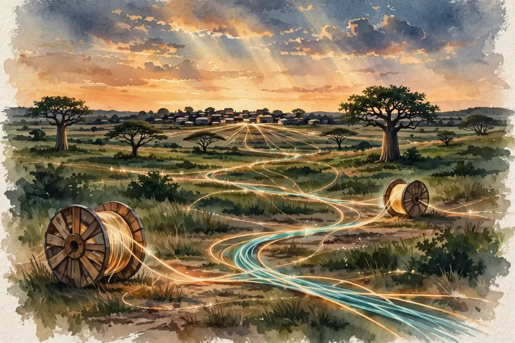 Watercolour editorial illustration of fibre-optic cable spools being laid across a West African landscape at dusk, with a town on the horizon (illustration, not a photograph)
