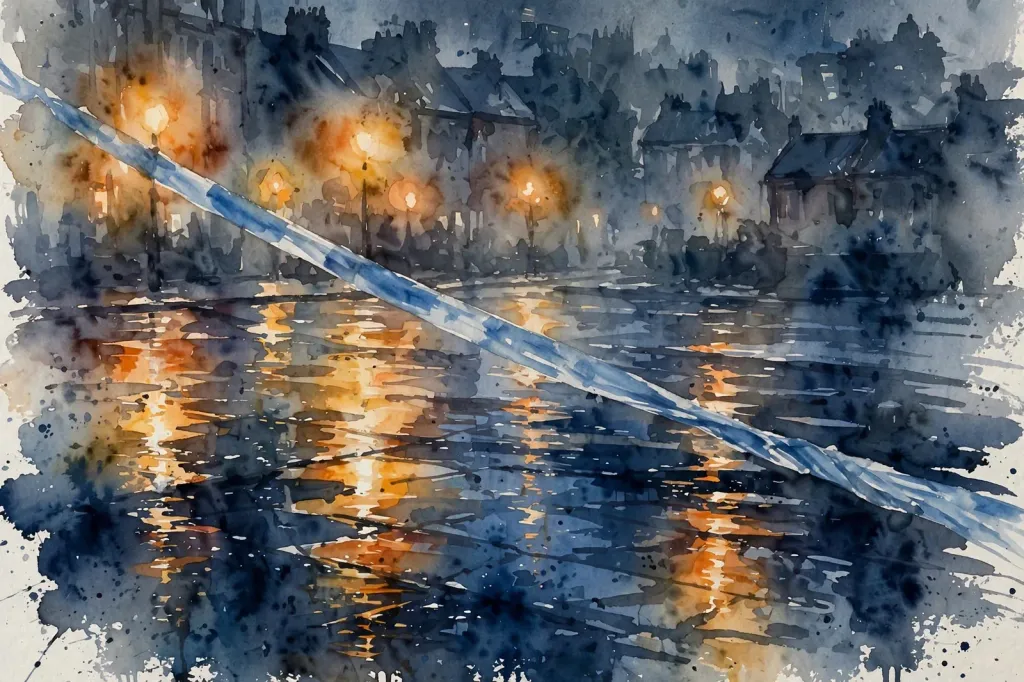 Illustration: watercolour of a rain-slicked city street at night, with blue police tape and streetlight reflections
