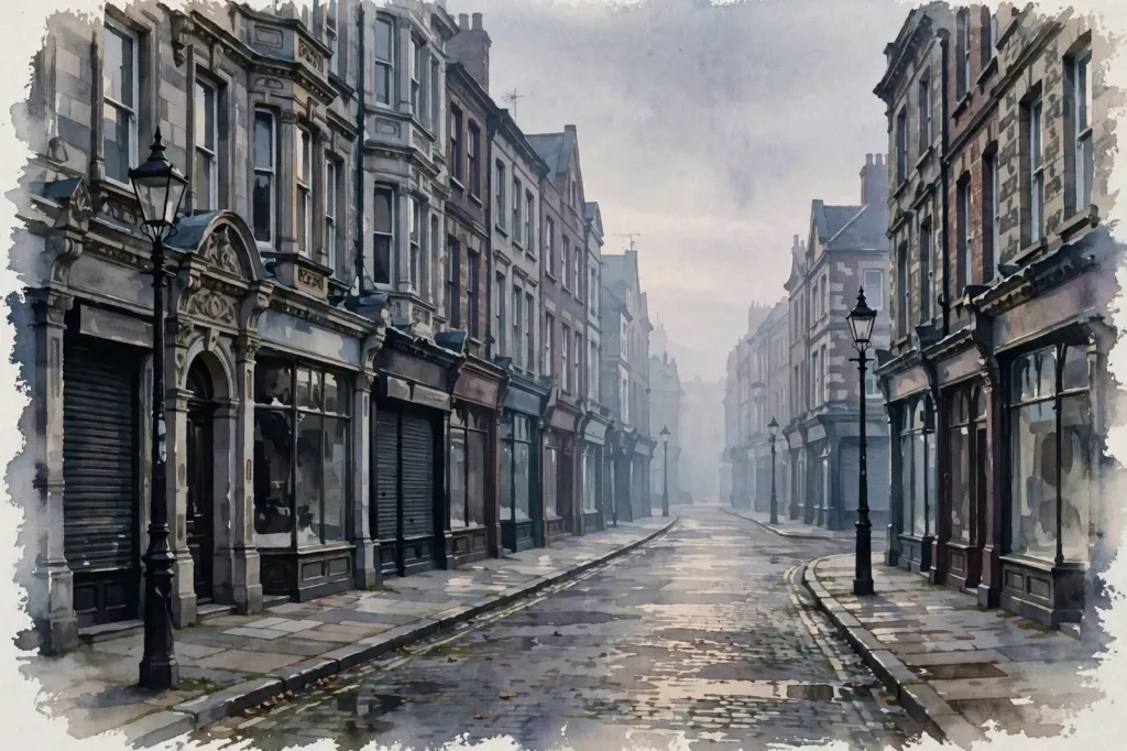 Watercolour editorial illustration of an empty British city shopping street at dawn with Victorian shopfronts