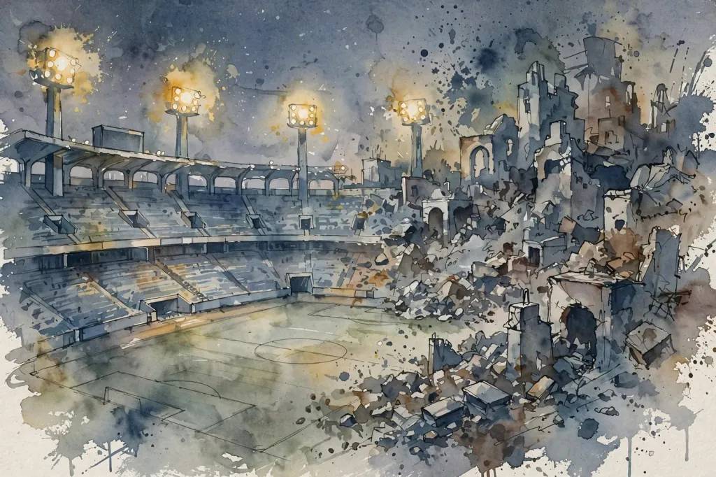 Watercolour illustration of a floodlit football stadium at dusk dissolving into abstract rubble silhouettes; generic editorial illustration with no identifiable people.