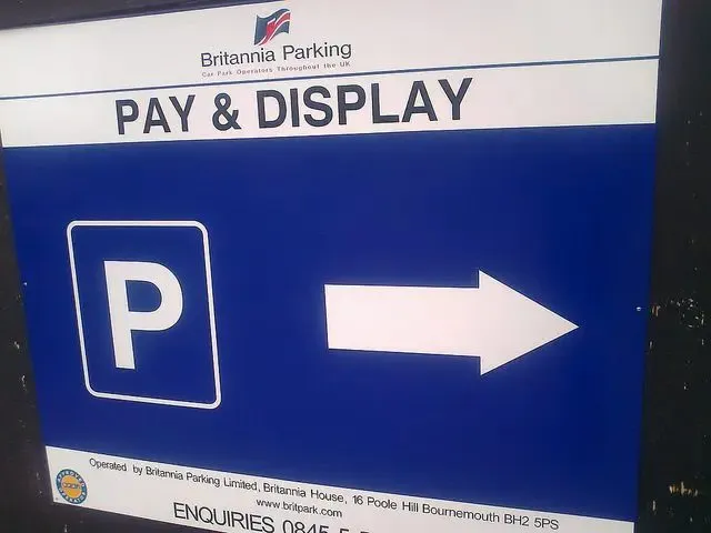 A Britannia Parking pay-and-display sign in a UK private car park