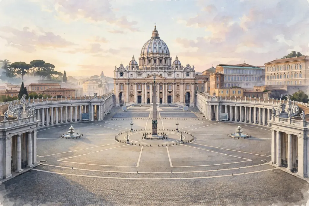 Watercolour illustration of an empty St Peter's Square at dawn with the basilica dome, no people