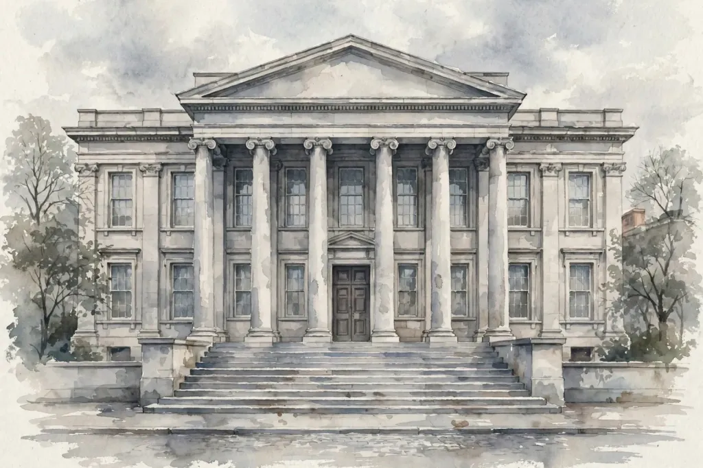 Watercolour editorial illustration of a London crown court building facade with columns, empty steps, no people. (Illustration: Flip News)