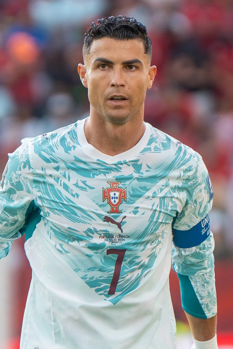 Cristiano Ronaldo wearing the Portugal national team shirt with the number 7 during the Croatia v Portugal match in July 2026.