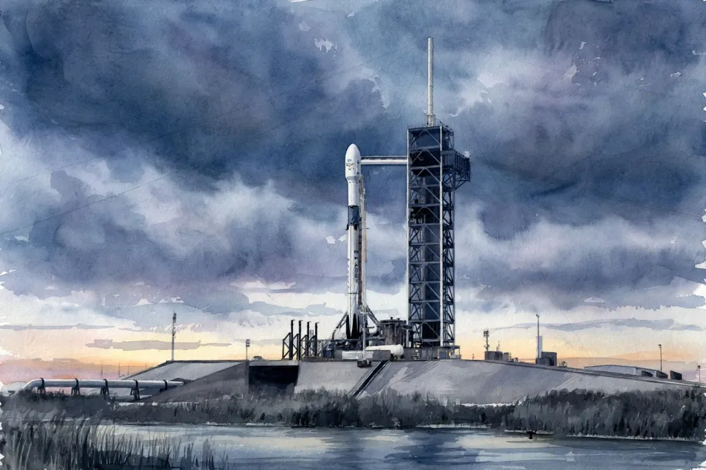 Watercolour editorial illustration of a SpaceX Falcon 9 rocket on its launch pad at Cape Canaveral under moody dawn clouds