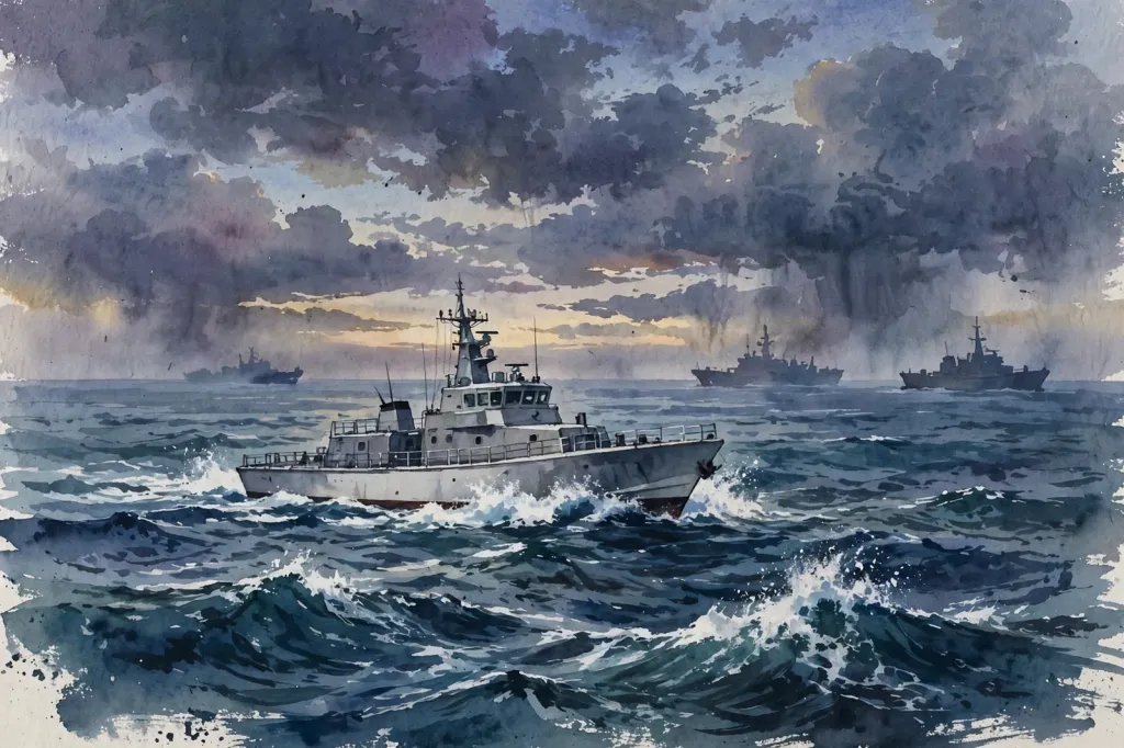 Watercolour editorial illustration of a patrol vessel cutting through rough dark-blue seas at dusk, with distant silhouette ships on the horizon; stylised, no real people.