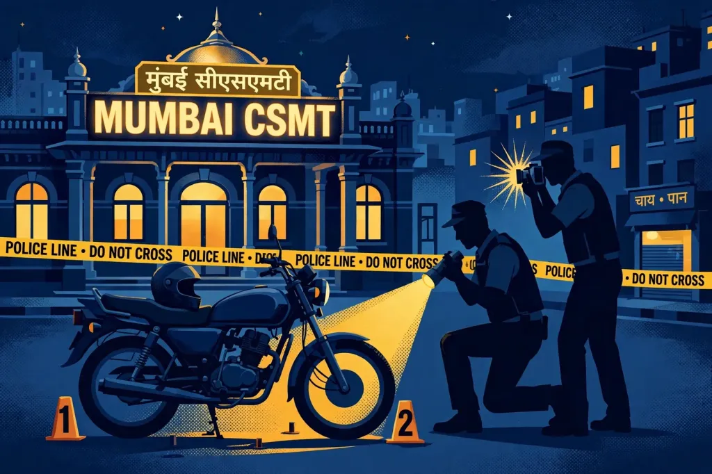Stylised illustration of police forensic officers examining a motorcycle behind police tape at a Mumbai railway station at night