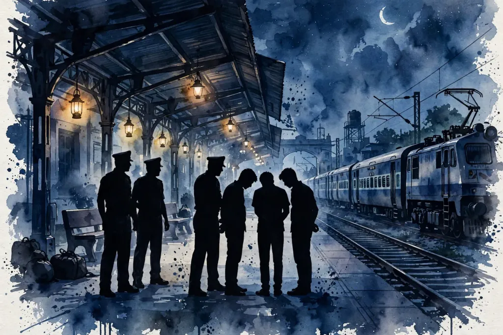 Stylised watercolour illustration of police officers detaining suspects on a railway station platform at night in Rajasthan