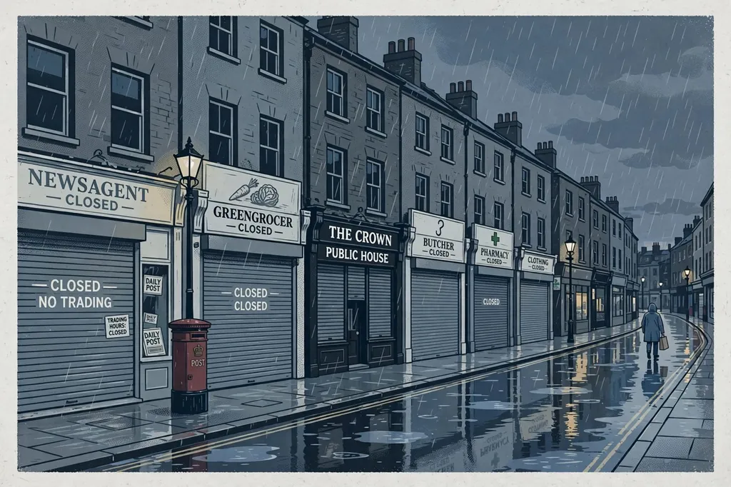Editorial illustration of a rain-soaked British high street with closed shops, reflecting slumping UK consumer confidence