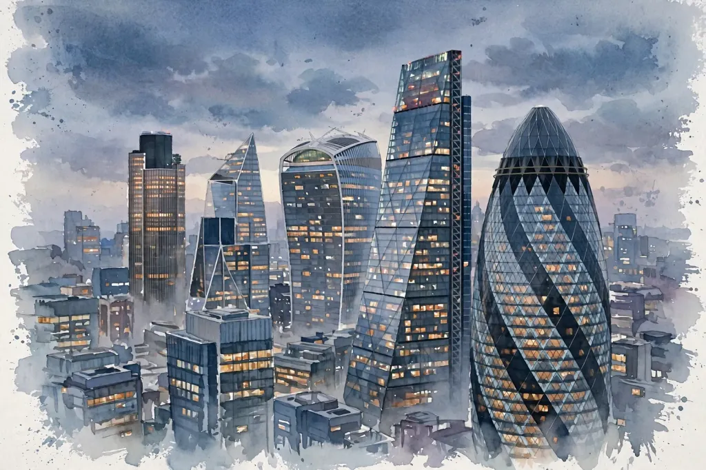 Watercolour editorial illustration of the London City financial district skyline at dusk with illuminated glass towers
