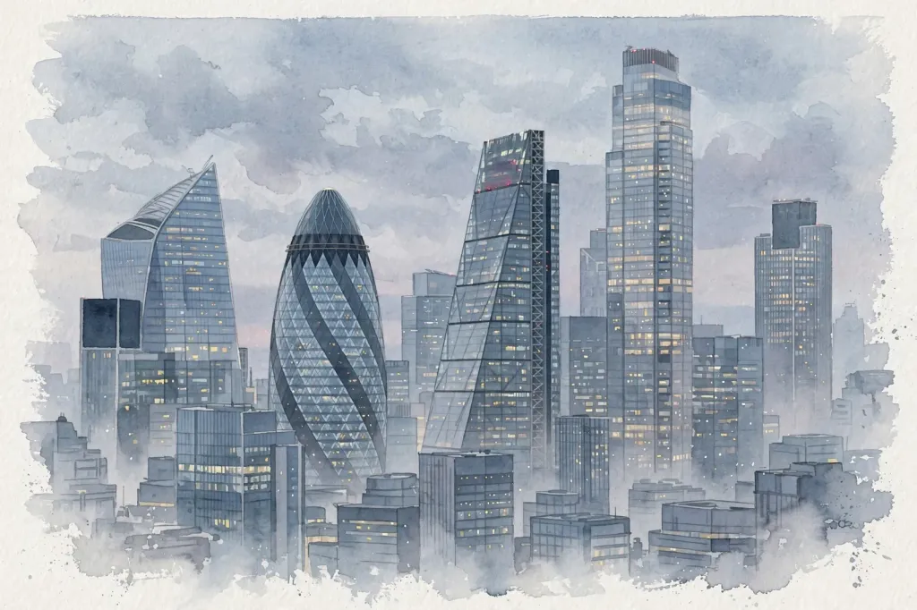 Watercolour editorial illustration of the London City financial district skyline at dusk with modern glass towers