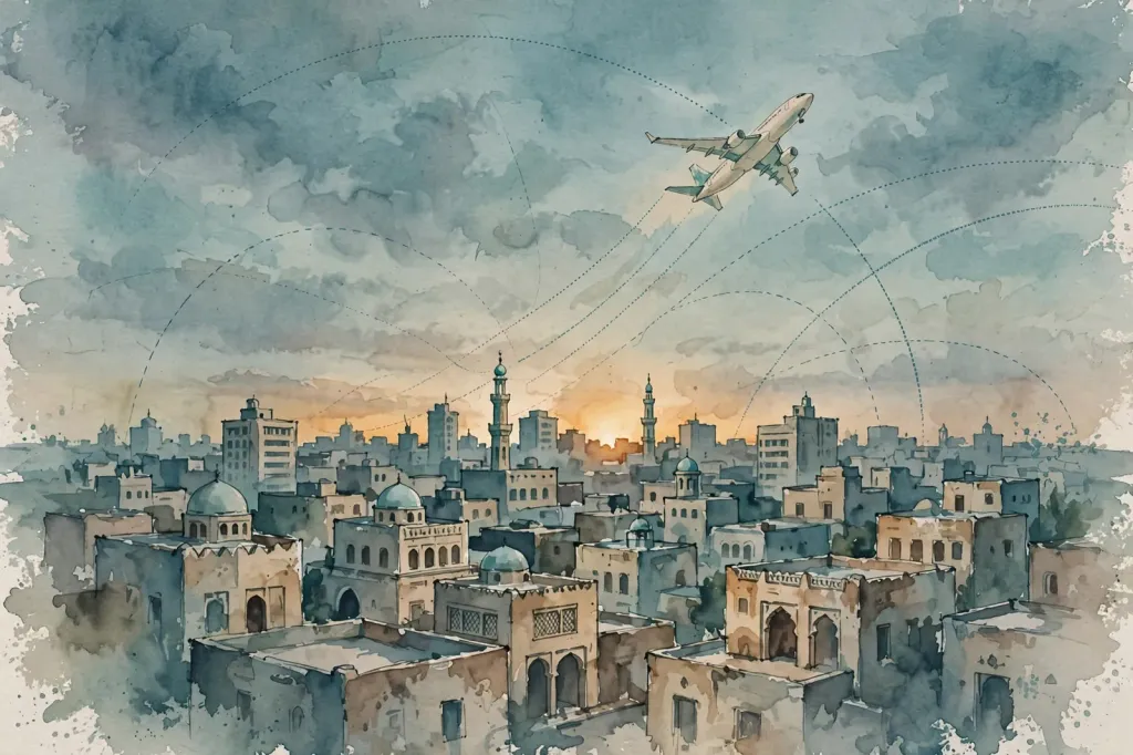 Watercolour illustration of a Middle East city skyline at dusk with an airliner and travel-route arcs overhead