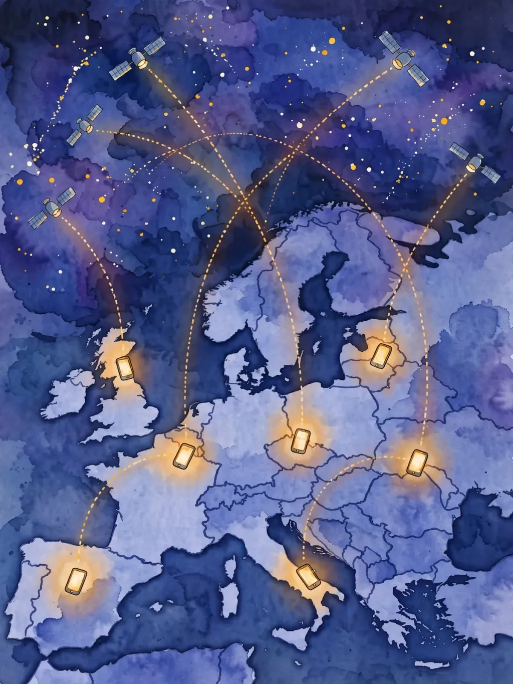 Watercolour illustration of satellites beaming signals to smartphones over a stylised map of Europe