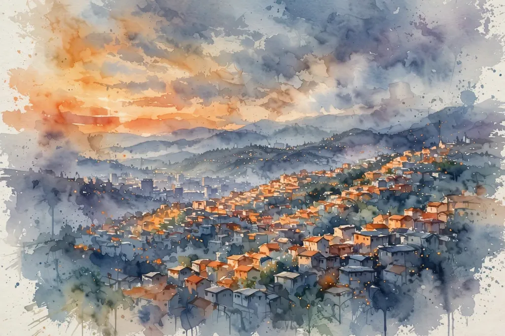 Watercolour illustration of a hillside city skyline at dusk, with softly painted rooftops under an orange and blue-grey evening sky.