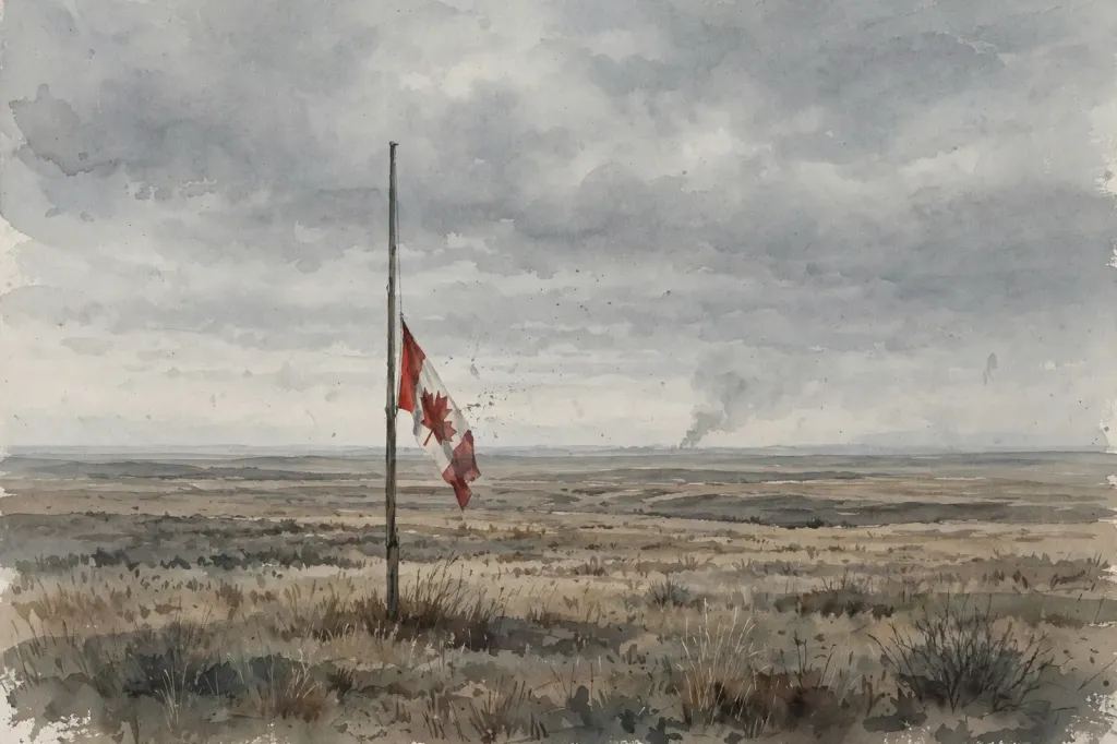 Watercolour editorial illustration of a Canadian flag at half-mast over an empty Alberta prairie at dawn, with a distant smoke column (illustration, not the incident)
